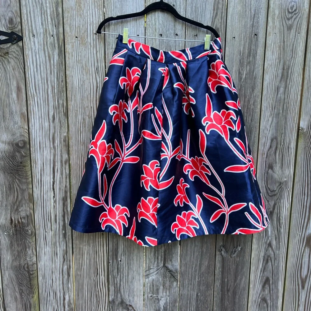 LUCY WANG Orange Navy Blue Floral A Line Skirt Women’s Large
